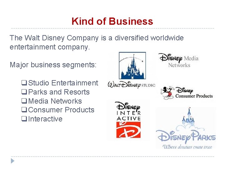 Kind of Business The Walt Disney Company is a diversified worldwide entertainment company. Major