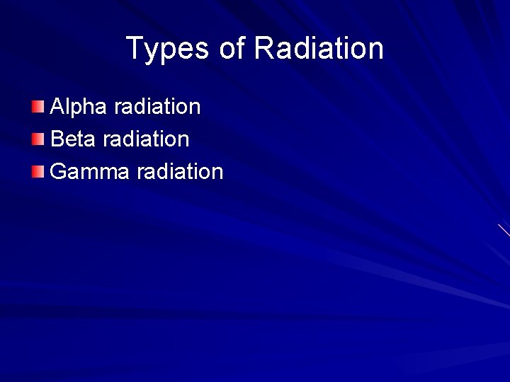 Types of Radiation Alpha radiation Beta radiation Gamma radiation 