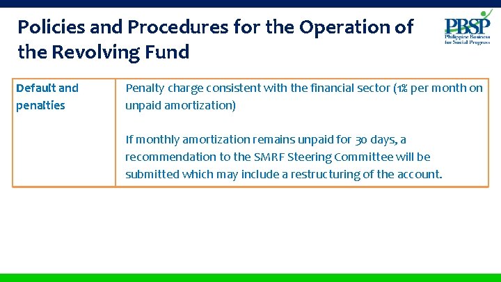 Policies and Procedures for the Operation of the Revolving Fund Default and penalties Penalty