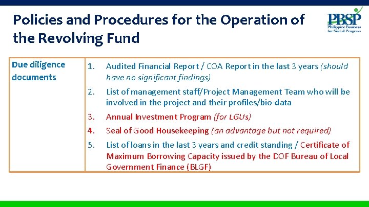 Policies and Procedures for the Operation of the Revolving Fund Due diligence documents 1.