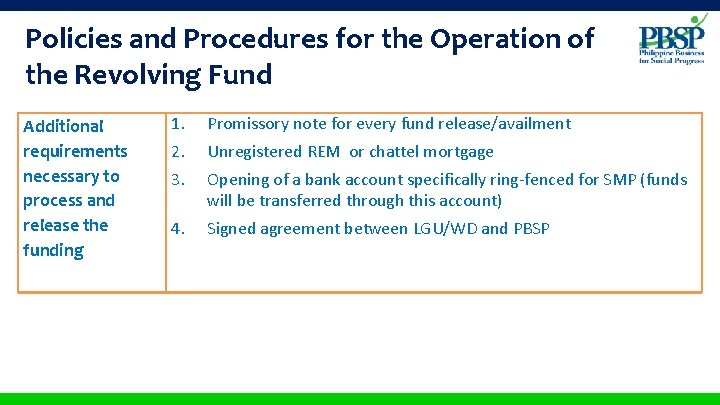 Policies and Procedures for the Operation of the Revolving Fund Additional requirements necessary to