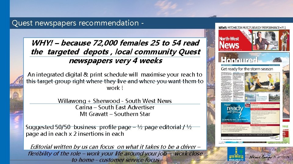 Quest newspapers recommendation - WHY! – because 72, 000 females 25 to 54 read