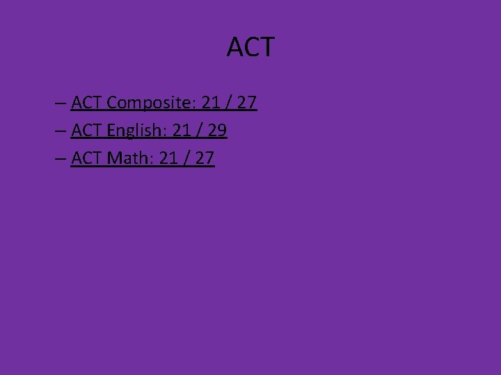 ACT – ACT Composite: 21 / 27 – ACT English: 21 / 29 –
