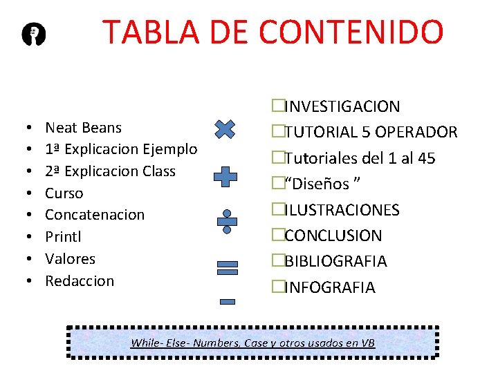 TABLA DE CONTENIDO INDICE �INVESTIGACION • • Neat Beans 1ª Explicacion Ejemplo 2ª Explicacion