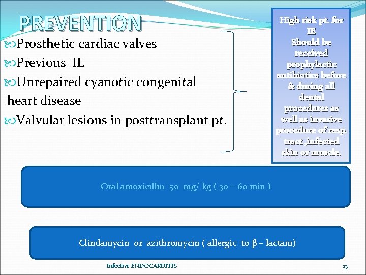 PREVENTION Prosthetic cardiac valves Previous IE Unrepaired cyanotic congenital heart disease Valvular lesions in