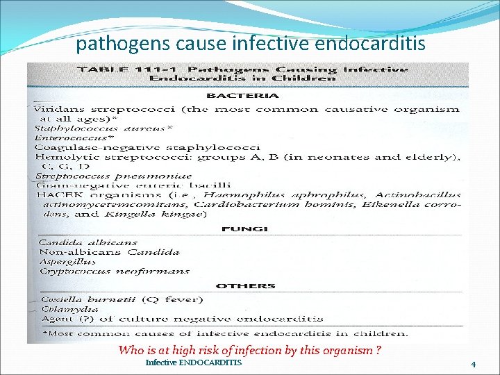 pathogens cause infective endocarditis Who is at high risk of infection by this organism