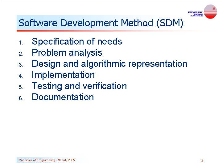 Software Development Method (SDM) 1. 2. 3. 4. 5. 6. Specification of needs Problem