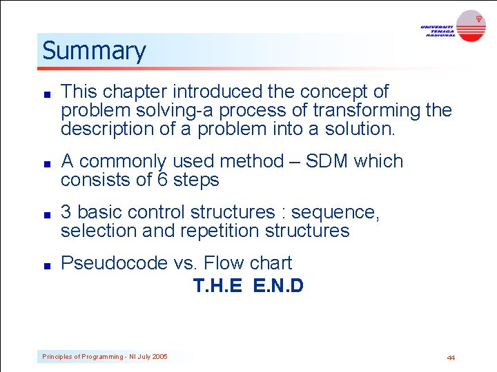 Summary This chapter introduced the concept of problem solving-a process of transforming the description