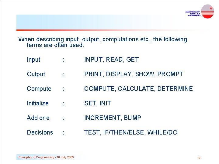 When describing input, output, computations etc. , the following terms are often used: Input