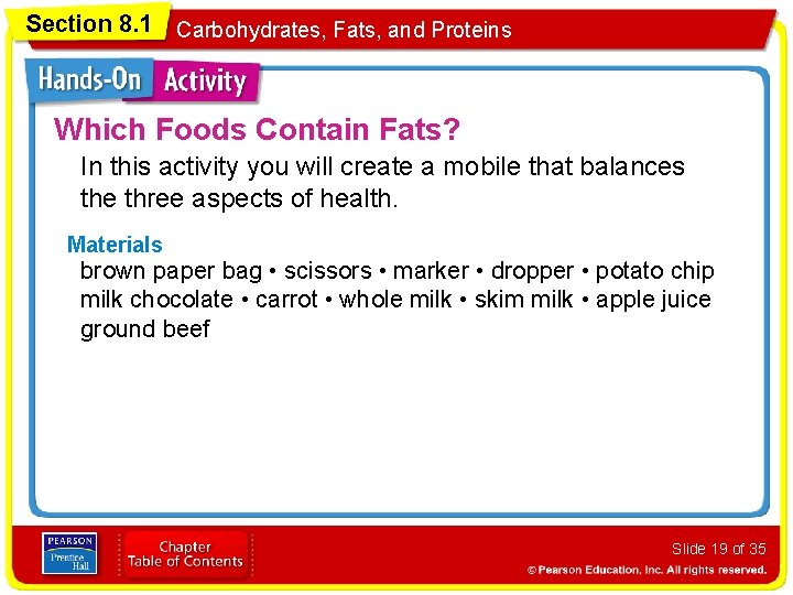 Section 8. 1 Carbohydrates, Fats, and Proteins Which Foods Contain Fats? In this activity