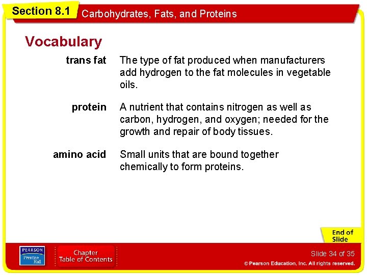Section 8. 1 Carbohydrates, Fats, and Proteins Vocabulary trans fat The type of fat