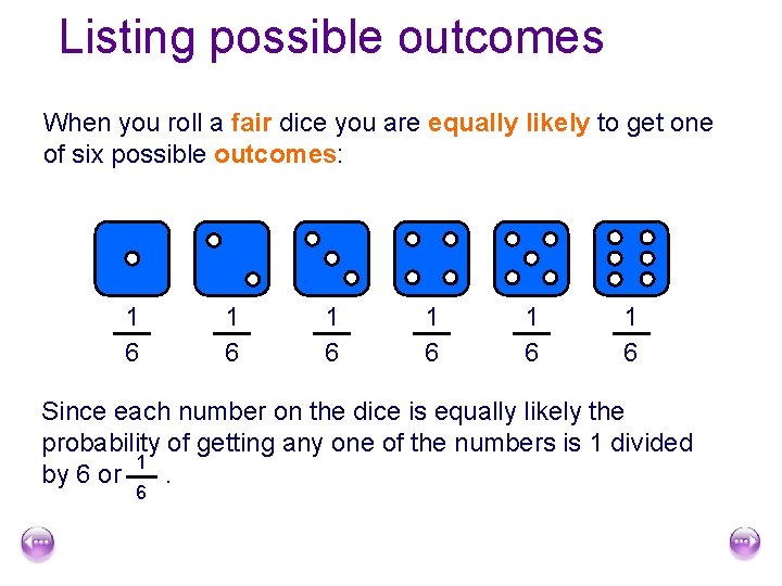 Listing possible outcomes When you roll a fair dice you are equally likely to