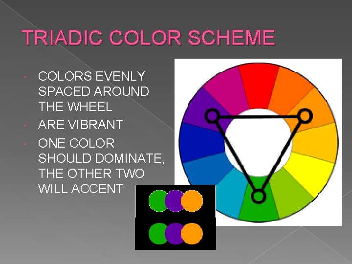 TRIADIC COLOR SCHEME COLORS EVENLY SPACED AROUND THE WHEEL ARE VIBRANT ONE COLOR SHOULD