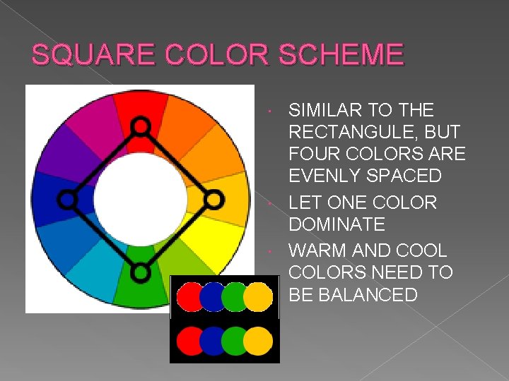 SQUARE COLOR SCHEME SIMILAR TO THE RECTANGULE, BUT FOUR COLORS ARE EVENLY SPACED LET