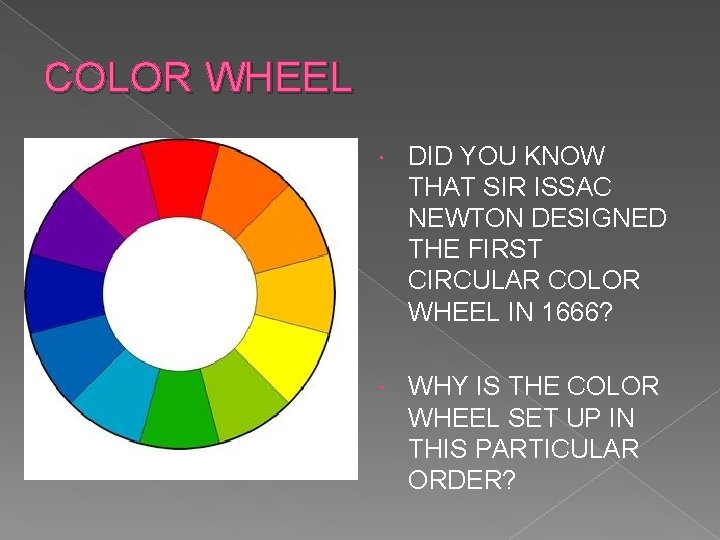 COLOR WHEEL DID YOU KNOW THAT SIR ISSAC NEWTON DESIGNED THE FIRST CIRCULAR COLOR