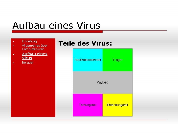 Aufbau eines Virus • • Einleitung Allgemeines über Computerviren Aufbau eines Virus Beispiel Teile