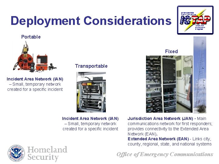 Deployment Considerations Portable Fixed Transportable Incident Area Network (IAN) – Small, temporary network created