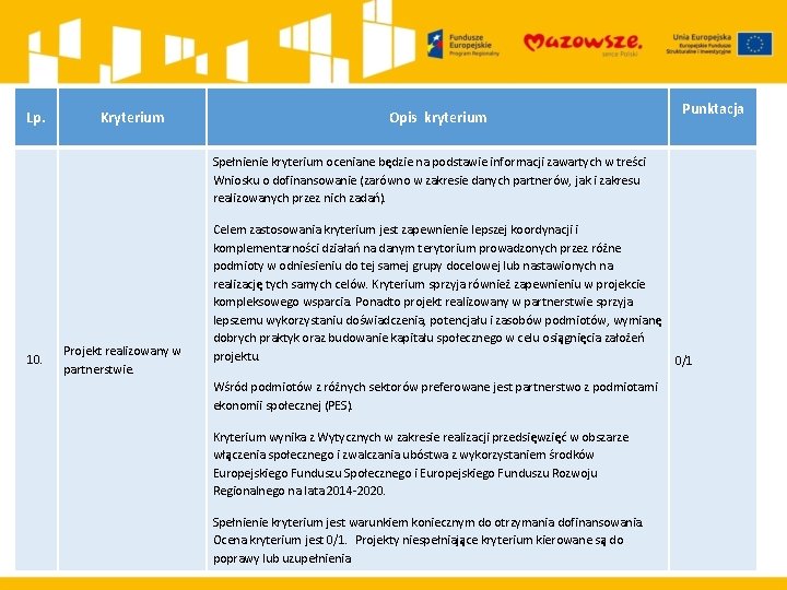 Lp. Kryterium Opis kryterium Punktacja Spełnienie kryterium oceniane będzie na podstawie informacji zawartych w