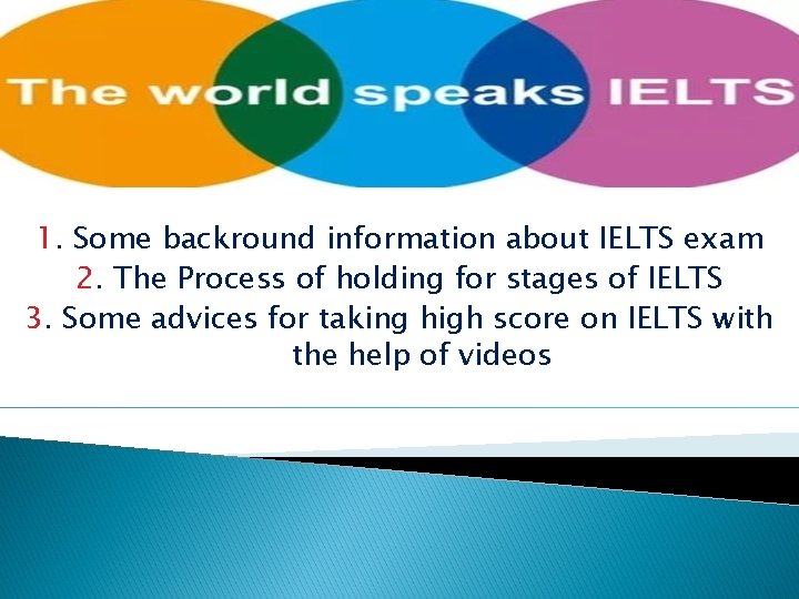 1. Some backround information about IELTS exam 2. The Process of holding for stages