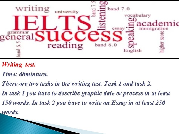Writing test. Time: 60 minutes. There are two tasks in the writing test. Task