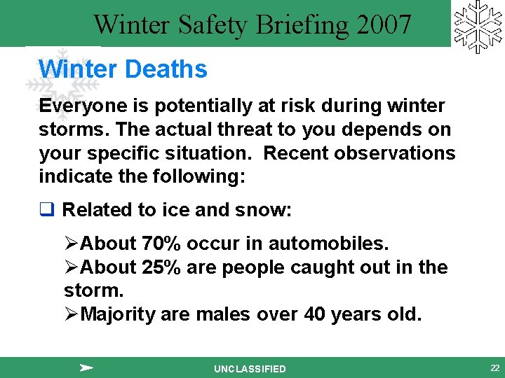 Winter Safety Briefing 2007 Winter Deaths Everyone is potentially at risk during winter storms.