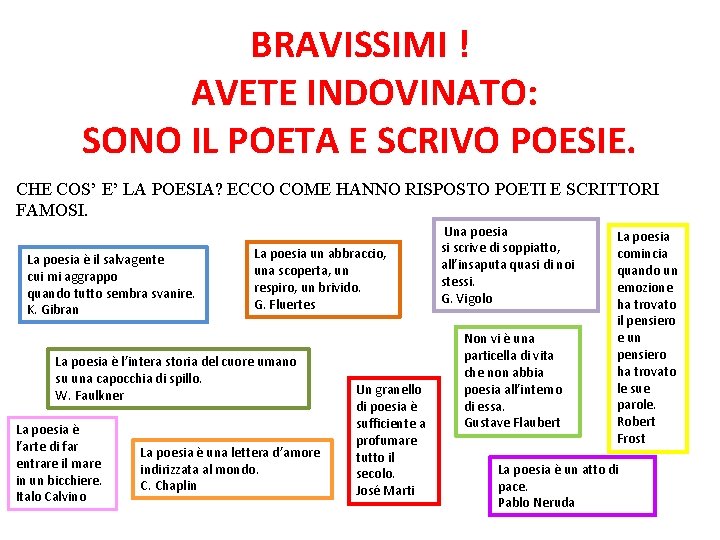 BRAVISSIMI ! AVETE INDOVINATO: SONO IL POETA E SCRIVO POESIE. CHE COS’ E’ LA