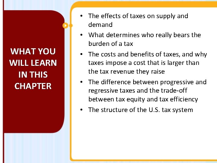 WHAT YOU WILL LEARN IN THIS CHAPTER • The effects of taxes on supply