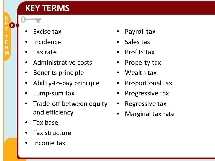 KEY TERMS Excise tax Incidence Tax rate Administrative costs Benefits principle Ability-to-pay principle Lump-sum