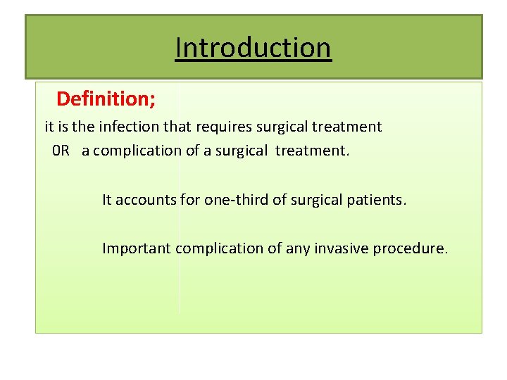 Introduction Definition; it is the infection that requires surgical treatment 0 R a complication
