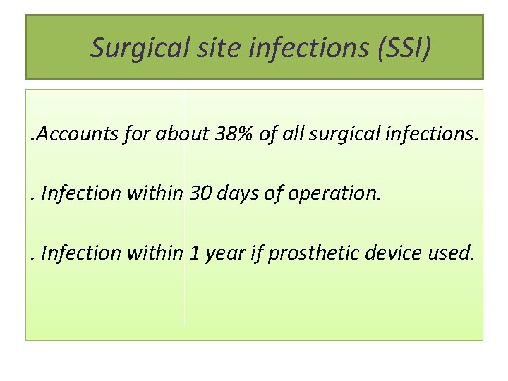 Surgical site infections (SSI). Accounts for about 38% of all surgical infections. . Infection