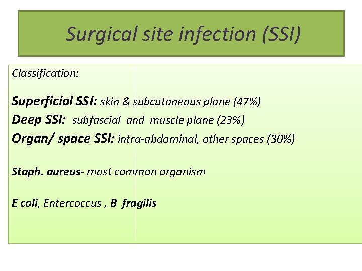 Surgical site infection (SSI) Classification: Superficial SSI: skin & subcutaneous plane (47%) Deep SSI: