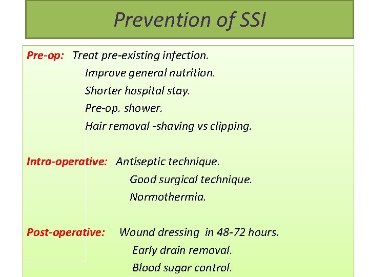 Prevention of SSI Pre-op: Treat pre-existing infection. Improve general nutrition. Shorter hospital stay. Pre-op.