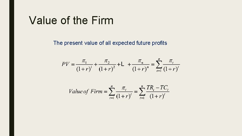 Value of the Firm The present value of all expected future profits 