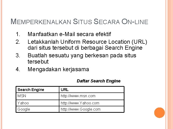 MEMPERKENALKAN SITUS SECARA ON-LINE 1. 2. 3. 4. Manfaatkan e-Mail secara efektif Letakkanlah Uniform