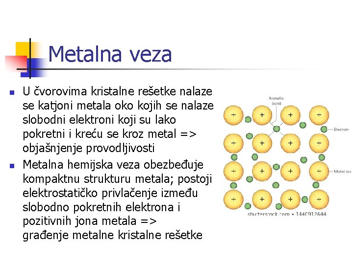 Metalna veza n n U čvorovima kristalne rešetke nalaze se katjoni metala oko kojih