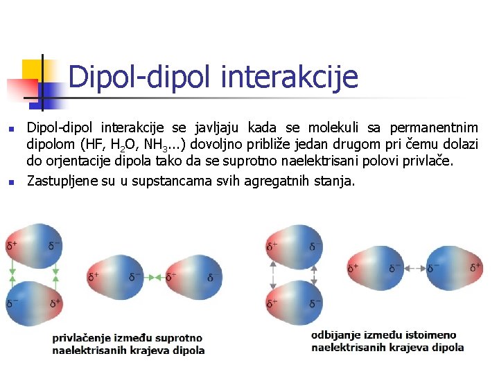 Dipol-dipol interakcije n n Dipol-dipol interakcije se javljaju kada se molekuli sa permanentnim dipolom