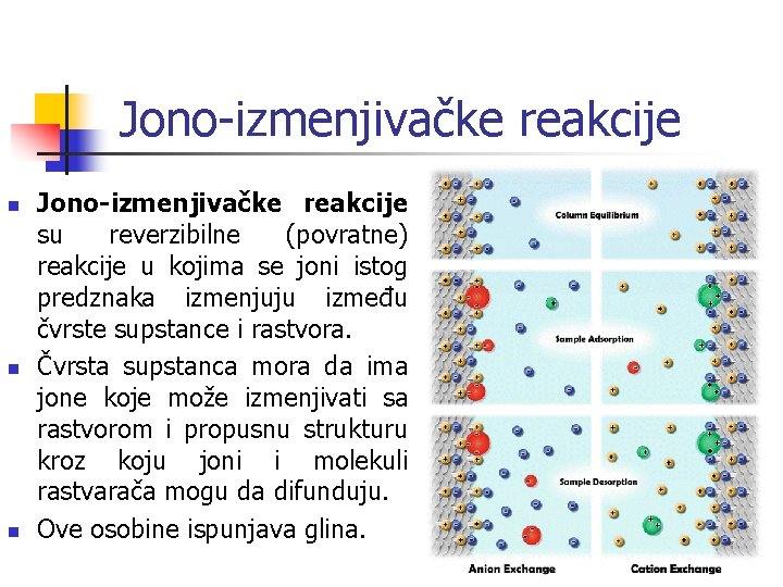 Jono-izmenjivačke reakcije n n n Jono-izmenjivačke reakcije su reverzibilne (povratne) reakcije u kojima se