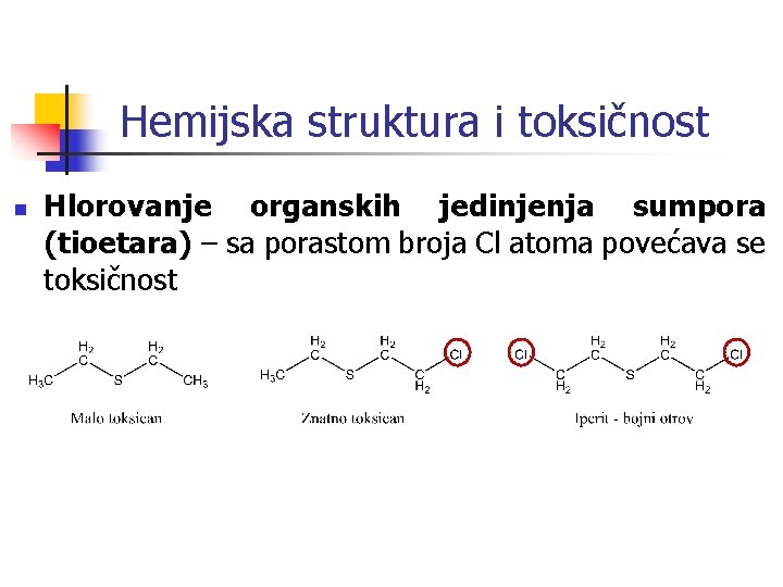 Hemijska struktura i toksičnost n Hlorovanje organskih jedinjenja sumpora (tioetara) – sa porastom broja