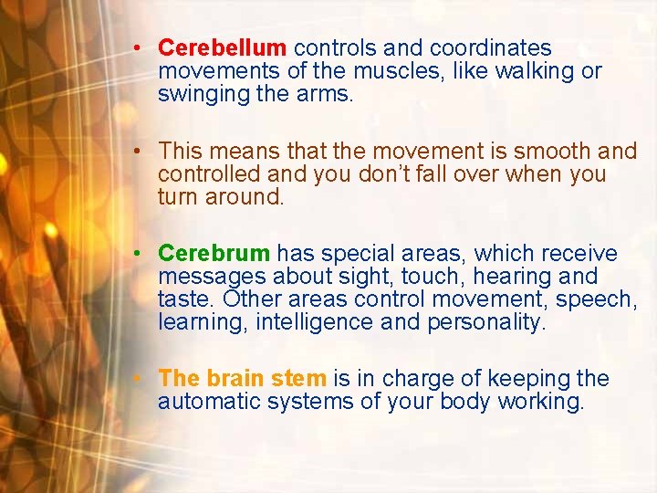  • Cerebellum controls and coordinates movements of the muscles, like walking or swinging