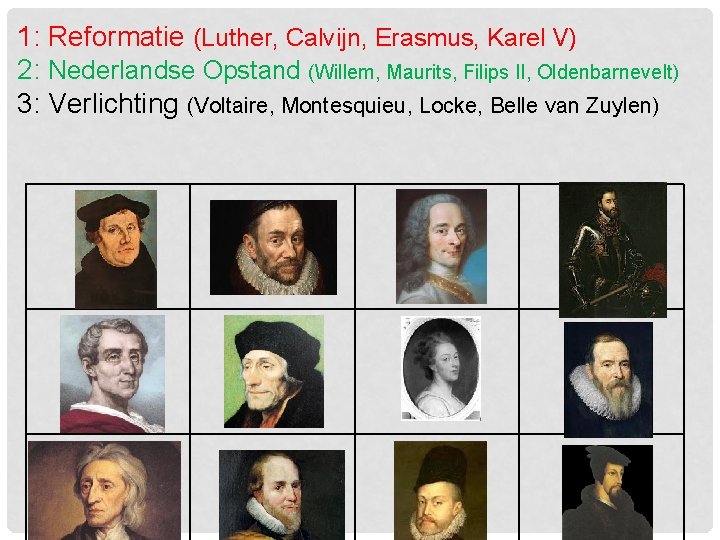 1: Reformatie (Luther, Calvijn, Erasmus, Karel V) 2: Nederlandse Opstand (Willem, Maurits, Filips II,