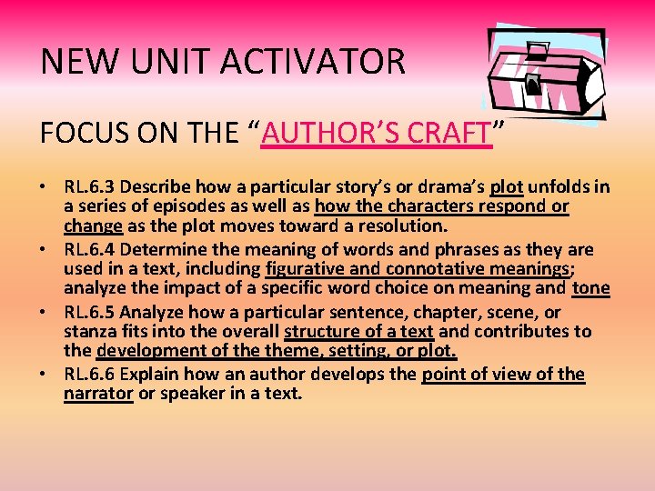 NEW UNIT ACTIVATOR FOCUS ON THE “AUTHOR’S CRAFT” • RL. 6. 3 Describe how