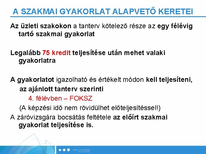 A SZAKMAI GYAKORLAT ALAPVETŐ KERETEI Az üzleti szakokon a tanterv kötelező része az egy