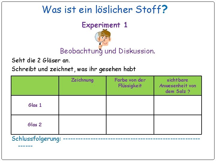 Was ist ein löslicher Stoff? Experiment 1 Beobachtung und Diskussion. Seht die 2 Gläser