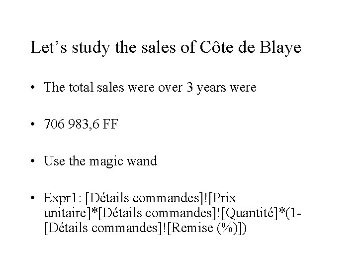Let’s study the sales of Côte de Blaye • The total sales were over