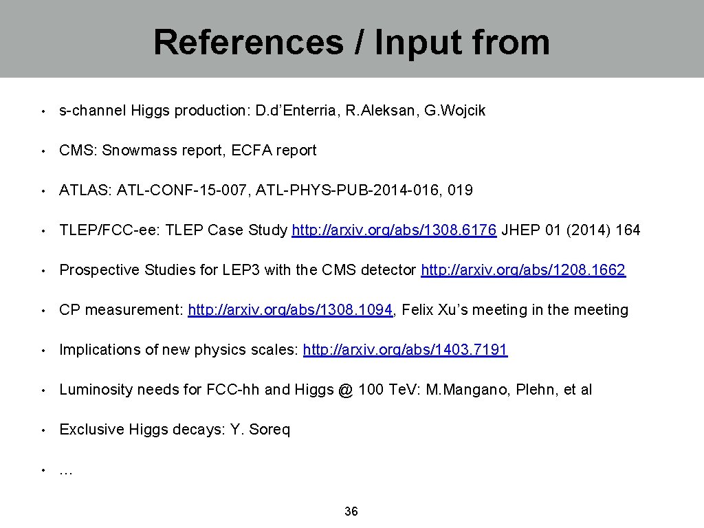 References / Input from • s-channel Higgs production: D. d’Enterria, R. Aleksan, G. Wojcik