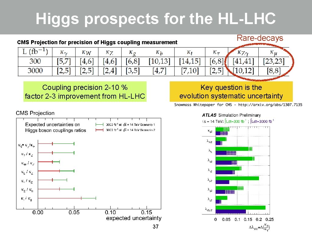 Higgs prospects for the HL-LHC CMS Projection for precision of Higgs coupling measurement Rare-decays