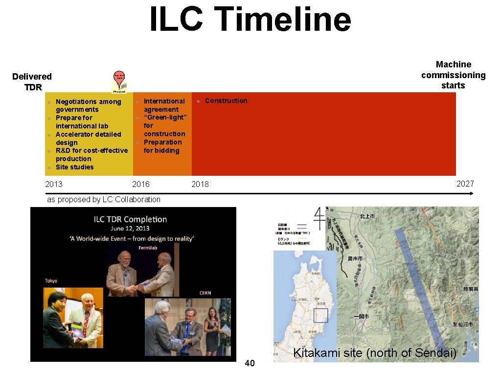 ILC Timeline Machine commissioning starts Delivered TDR ❖ ❖ ❖ Negotiations among governments Prepare