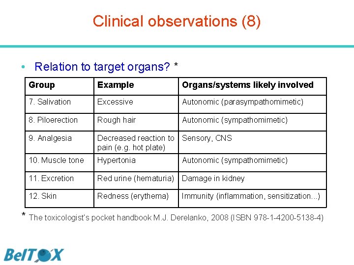 Clinical observations (8) • Relation to target organs? * Group Example Organs/systems likely involved