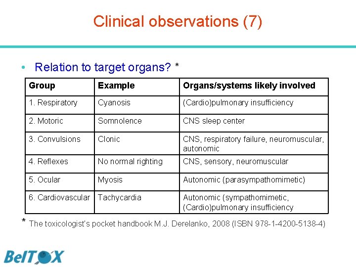 Clinical observations (7) • Relation to target organs? * Group Example Organs/systems likely involved