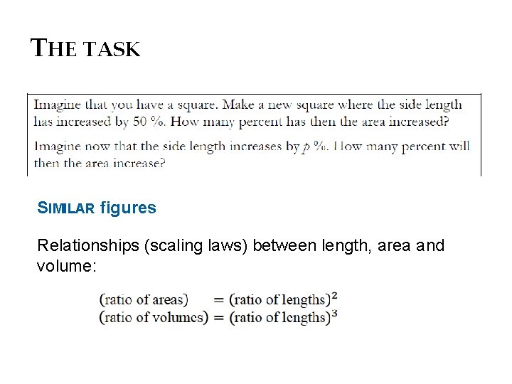 THE TASK SIMILAR figures Relationships (scaling laws) between length, area and volume: 